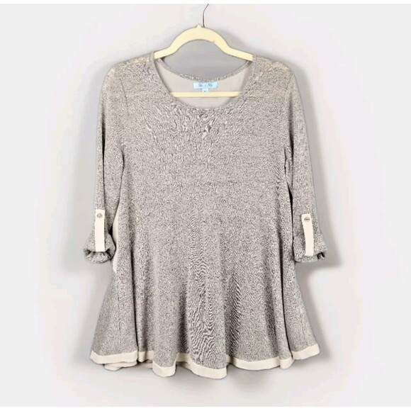 She + Sky Tunic Top Womens M Gray Beige Knit Semi Sheer Back Roll Tab Flowy - Picture 1 of 13